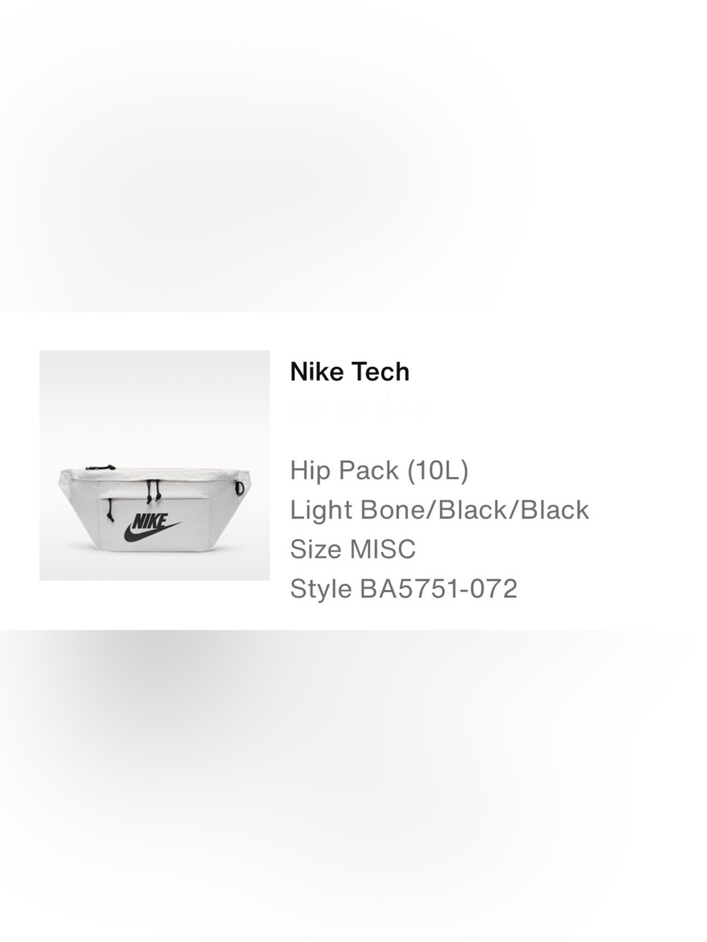 NWT Nike Tech unisex 10L Hip Pack, bone/ blk.